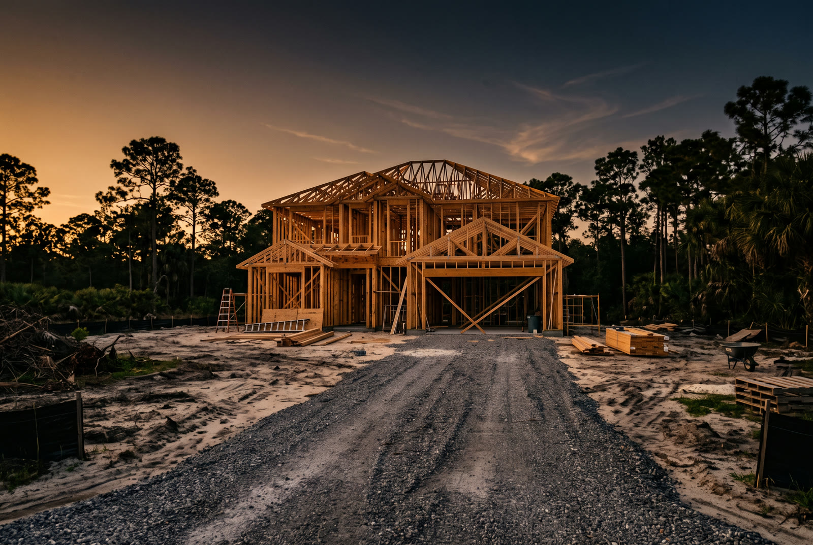 A new home framed on a cleared Florida lot at dusk, illustrative