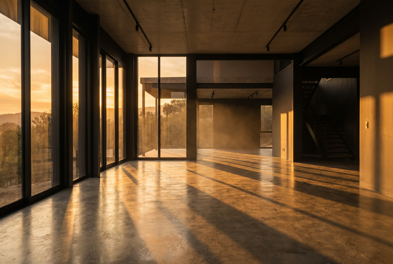 Dusk light across an empty modern interior, illustrative