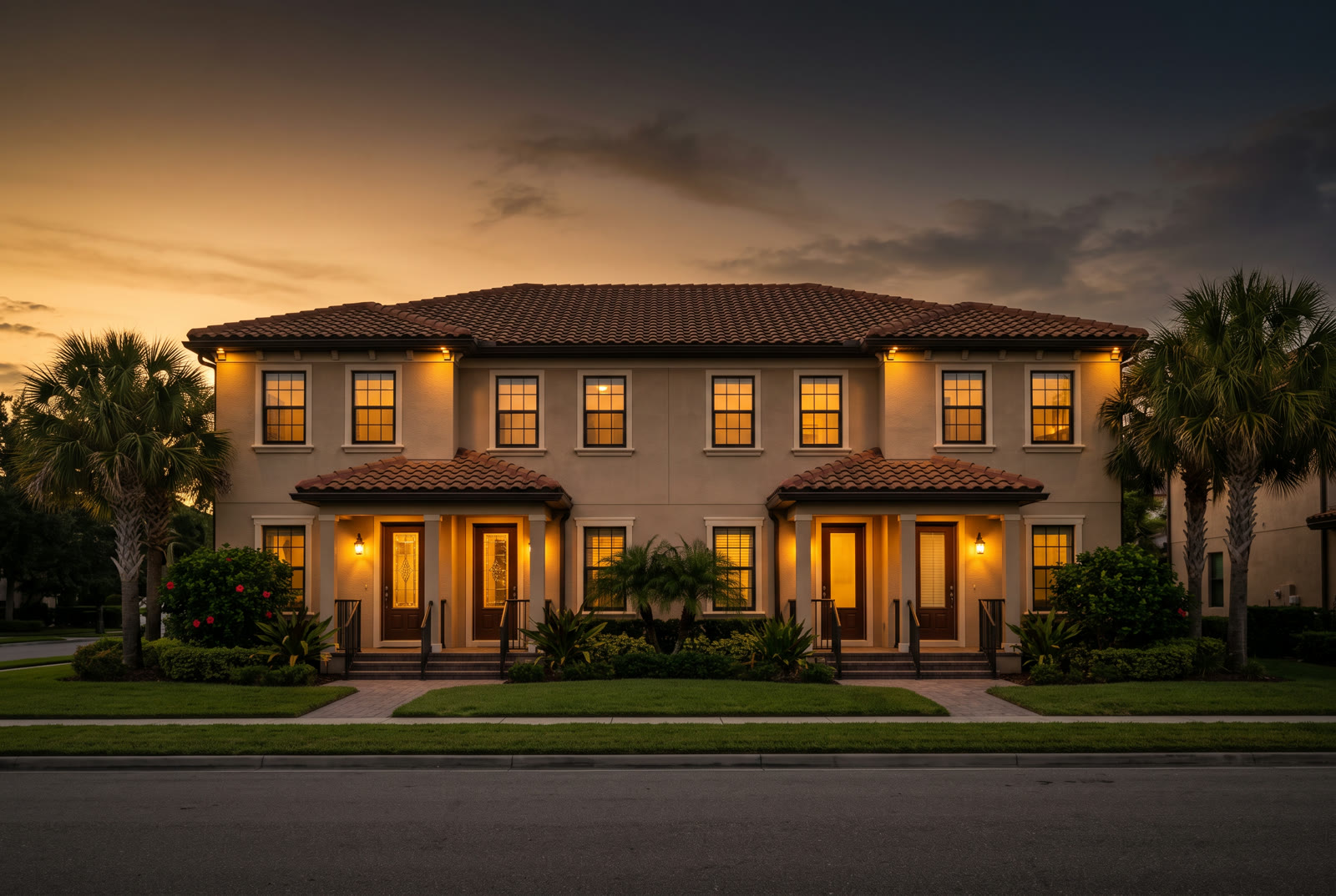 A two-story fourplex with four front entries at dusk, illustrative